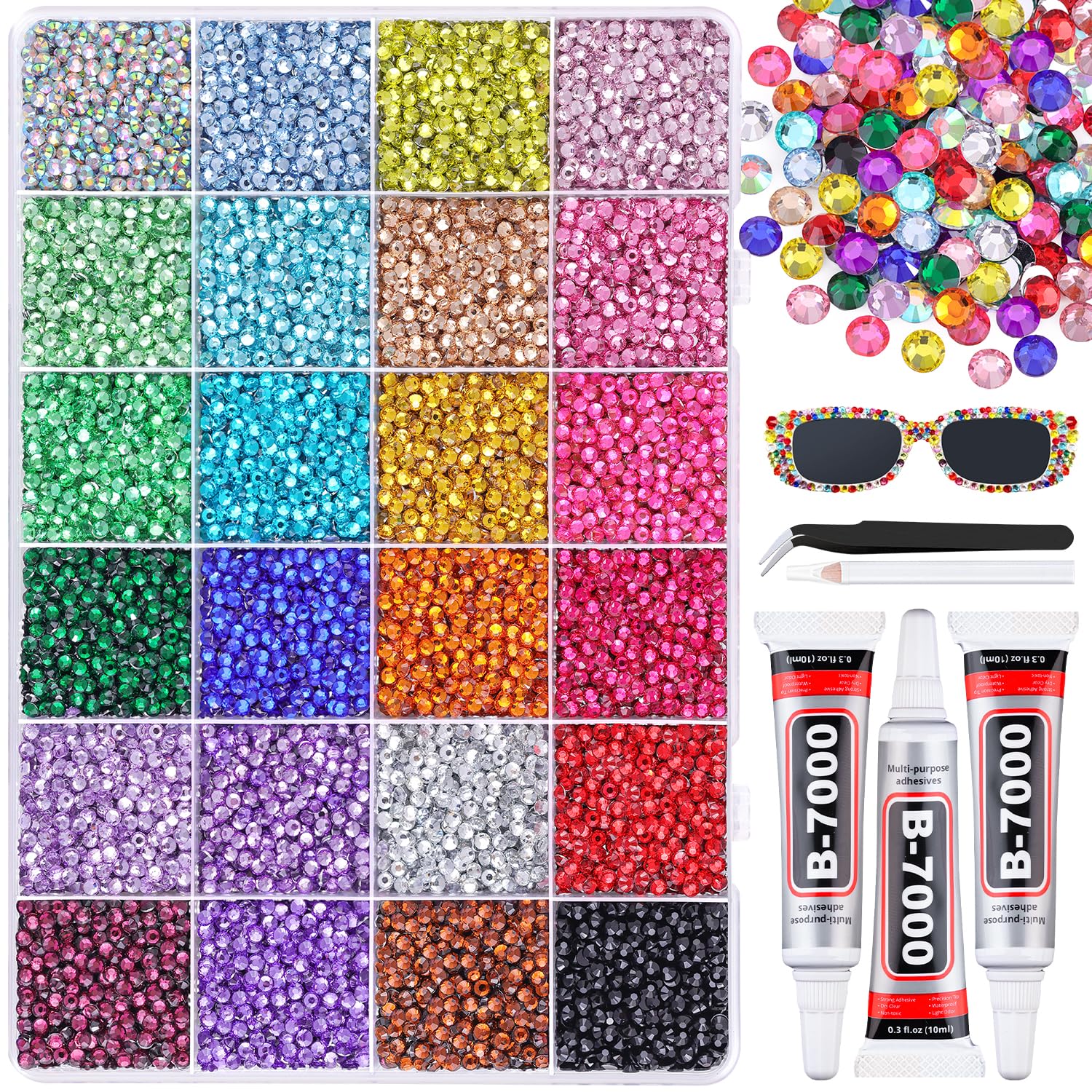24000Pcs Resin Rhinestones for Bedazzling with 3Pcs B7000 Jewelry Glue, Multicolor 3mm Flatback Gems Rhinestones for Crafting, Clothing Tumblers Mugs Shoes Fabric Decor Nail Art-Velvo Beauty