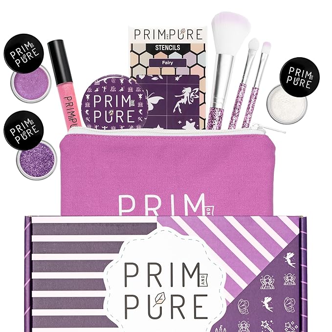 Prim and Pure Kids Makeup Gift Set - Stencil, Makeup Eyeshadow Bioglitter Lip Gloss and Cosmetic Bag Mirror Makeup Brush Accessories (Fairy Purple)-Velvo Beauty