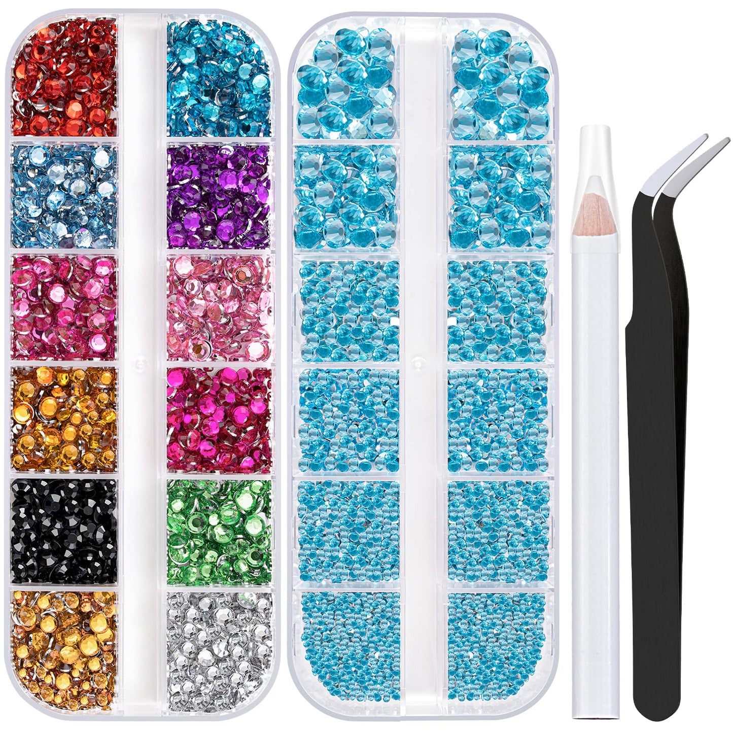 Two Packs of Flatback Rhinestones 4520 Pcs Colorful Nail Art Rhinestones Flatback Crystal Colorful+Lake Blue Rhinestone with Picker Pencil and Tweezer for Nail Art and Decoration-Velvo Beauty