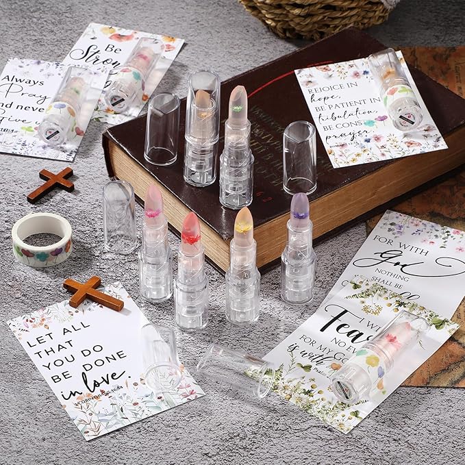 12 Sets Christian Lip Balms with Inspirational Bible Verse Card Bulk Gifts for Women Flower Sign Taste Lip Balm with Tag for Employee Coworker Teacher Family Church Wedding Favor-Velvo Beauty