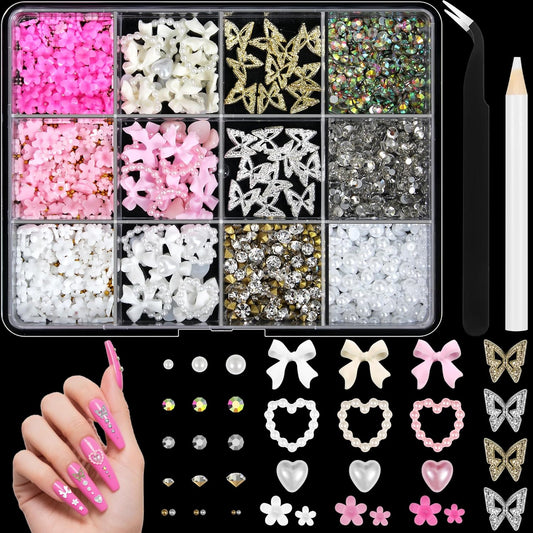 Artdone Nail Art Studs Kit, 12 grids 8 Colors 3D Charms and Pink Mix White Flower Heart Diamond Butterfly Cute Nail Jewels for DIY Decoration with Pickup Tools-Velvo Beauty