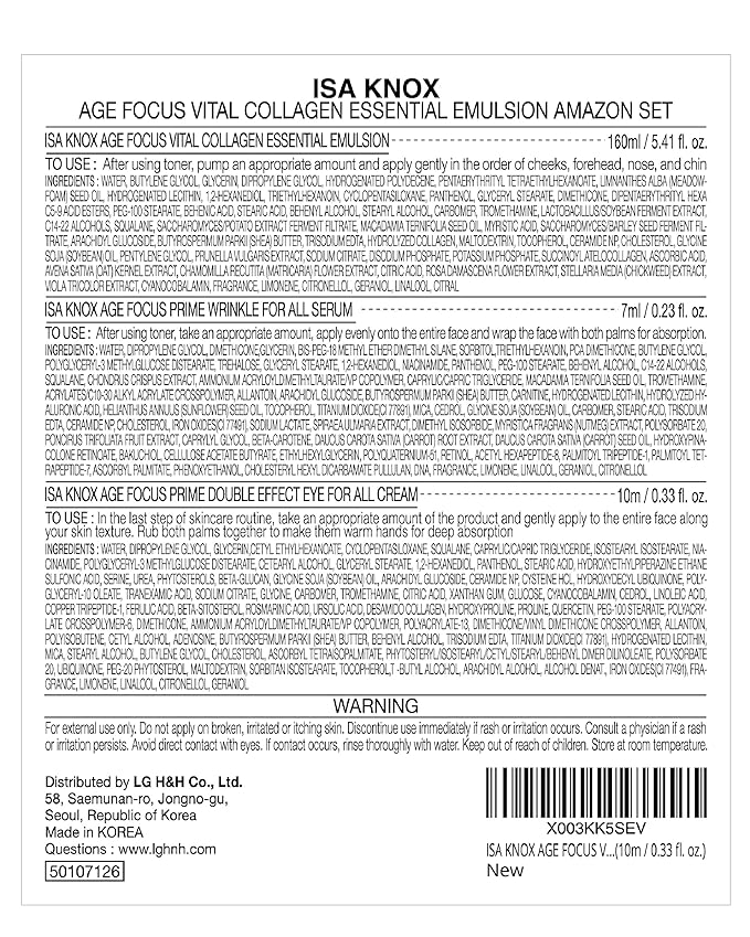 ISA KNOX AGE FOCUS VITAL COLLAGEN Emulsion, PRIME Wrinkle For All Serum & PRIME Eye For All Cream (177 ml/5.99 fl oz) - Korean Skin Care by LG Beauty. Vitamins C, B12 & E.-Velvo Beauty