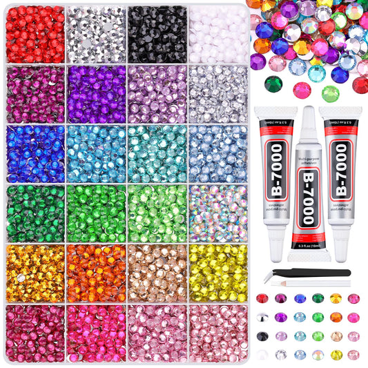 6600Pcs Resin Rhinestones for Crafting with Tweezers, Multicolor 5mm Bedazzling Crystal with 3Pcs 10ml B7000 Jewelry Glue for DIY Crafts Clothing Tumblers Shoes Fabric Nail Art-Velvo Beauty