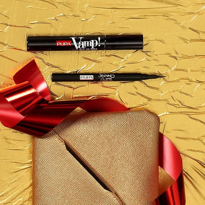 PUPA Milano Vamp! All In One And Skinny Liner Set - Volume Mascara And Ultra-Slim Eyeliner Pen - Naturally Formulated To Lengthen And Strengthen Lashes - Beautiful Gold Handbag - 3 Pc Mascara Kit-Velvo Beauty