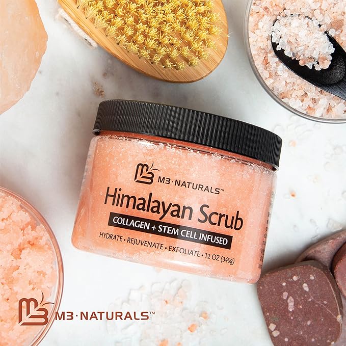 Himalayan Salt Scrub, Face, Foot, and Body Exfoliator with Collagen and Stem Cells, Exfoliating Scrub for Toning, Cellulite, and Skin Care by M3 Naturals-Velvo Beauty