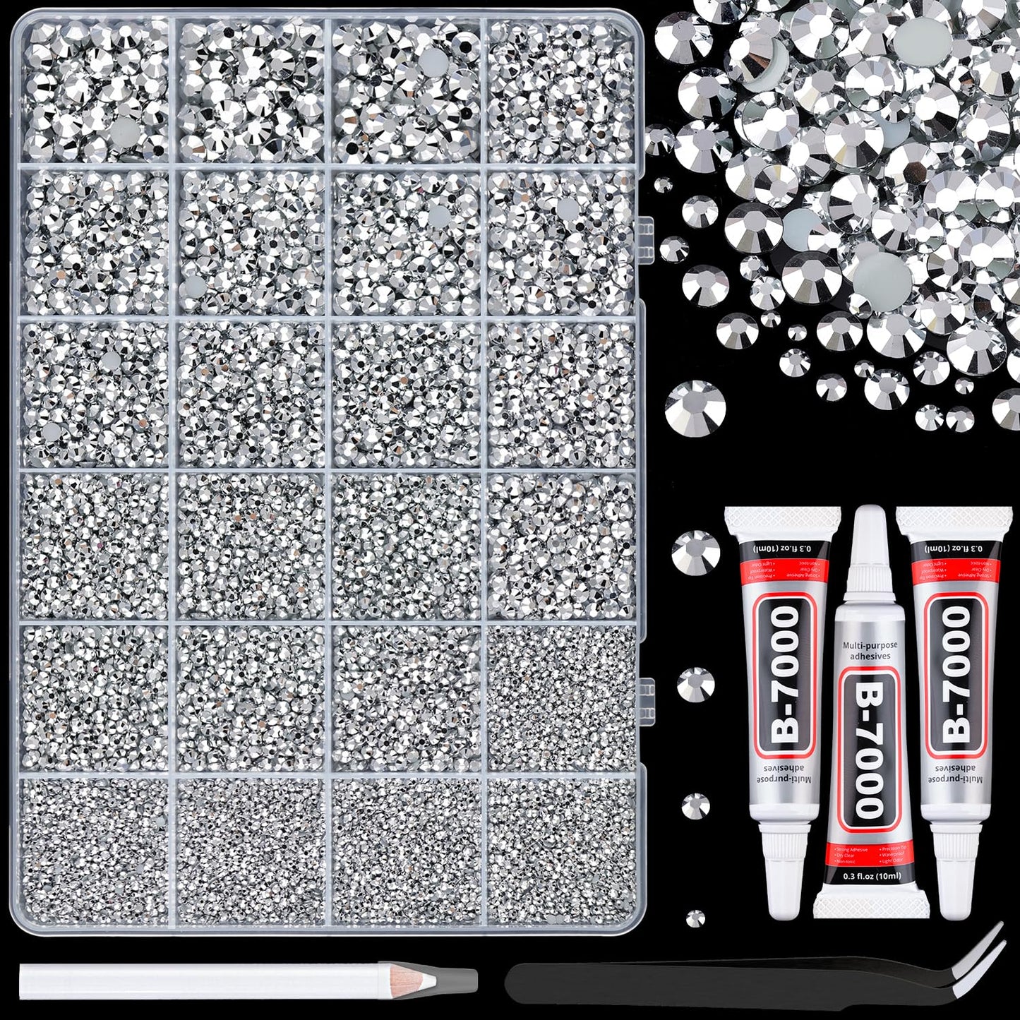 25000Pcs Resin Rhinestones with Tweezers for Crafting, Silver 2-6mm Mixed Sizes Bedazzling Crystal with 3Pcs 10ml B7000 Jewelry Glue for DIY Crafts Clothing Tumblers Shoes Fabric Nail Art-Velvo Beauty