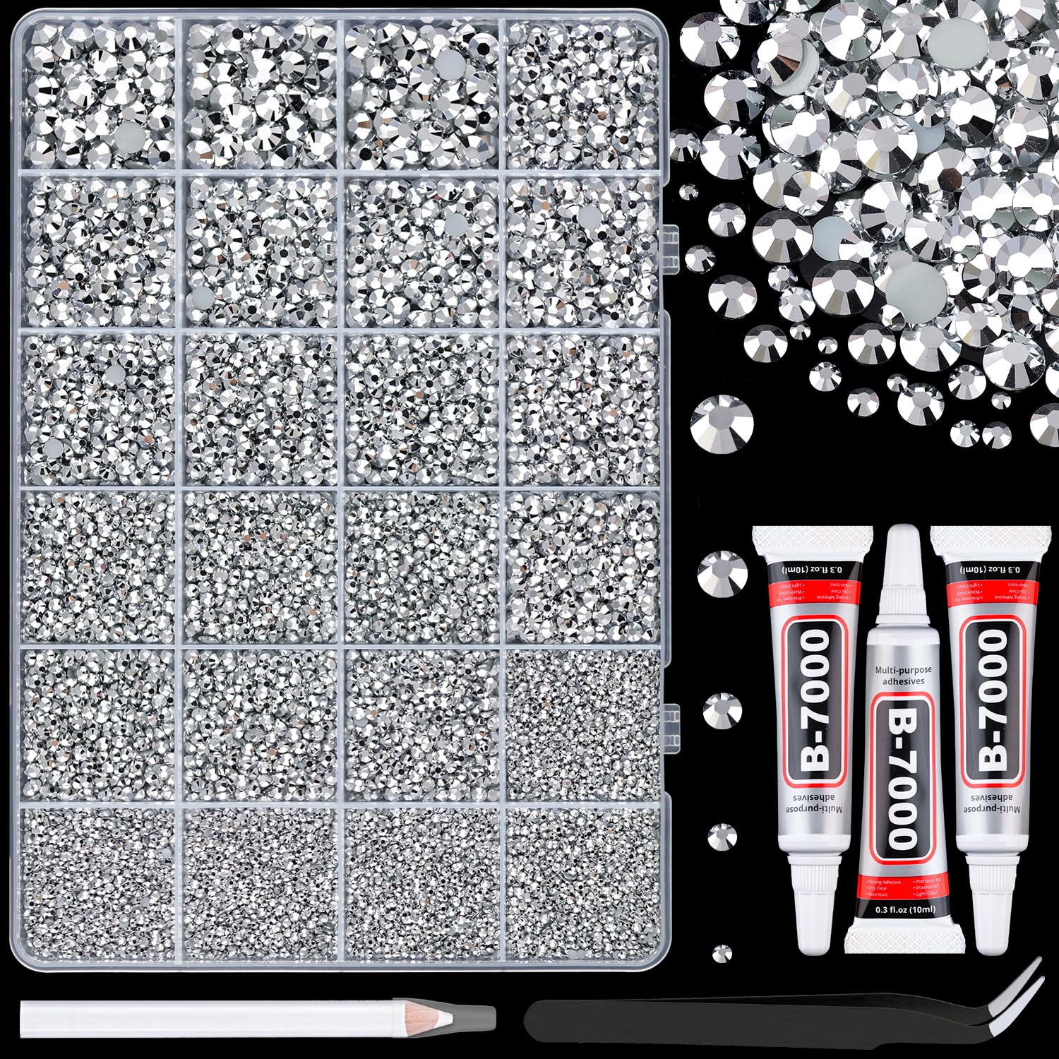 25000Pcs Resin Rhinestones with Tweezers for Crafting, Silver 2-6mm Mixed Sizes Bedazzling Crystal with 3Pcs 10ml B7000 Jewelry Glue for DIY Crafts Clothing Tumblers Shoes Fabric Nail Art-Velvo Beauty