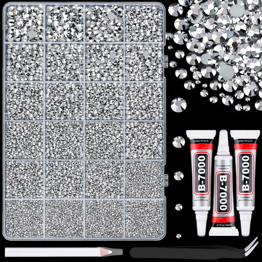 25000Pcs Resin Rhinestones with Tweezers for Crafting, Silver 2-6mm Mixed Sizes Bedazzling Crystal with 3Pcs 10ml B7000 Jewelry Glue for DIY Crafts Clothing Tumblers Shoes Fabric Nail Art-Velvo Beauty