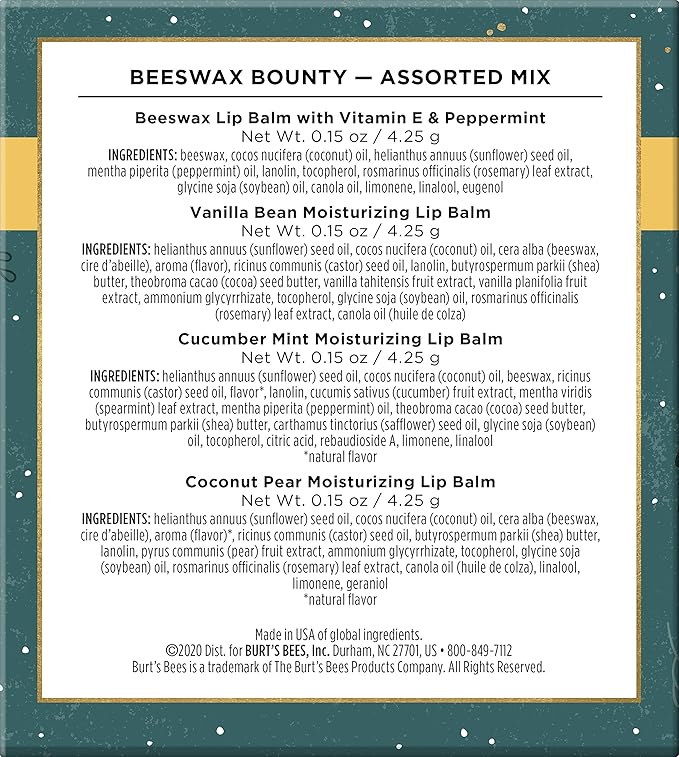 Burt’s Bees Holiday Gift, 4 Lip Balm Stocking Stuffer Products, Beeswax Bounty Assorted Set - Original Beeswax, Vanilla Bean, Cucumber Mint & Coconut Pear (Old Verison)-Velvo Beauty