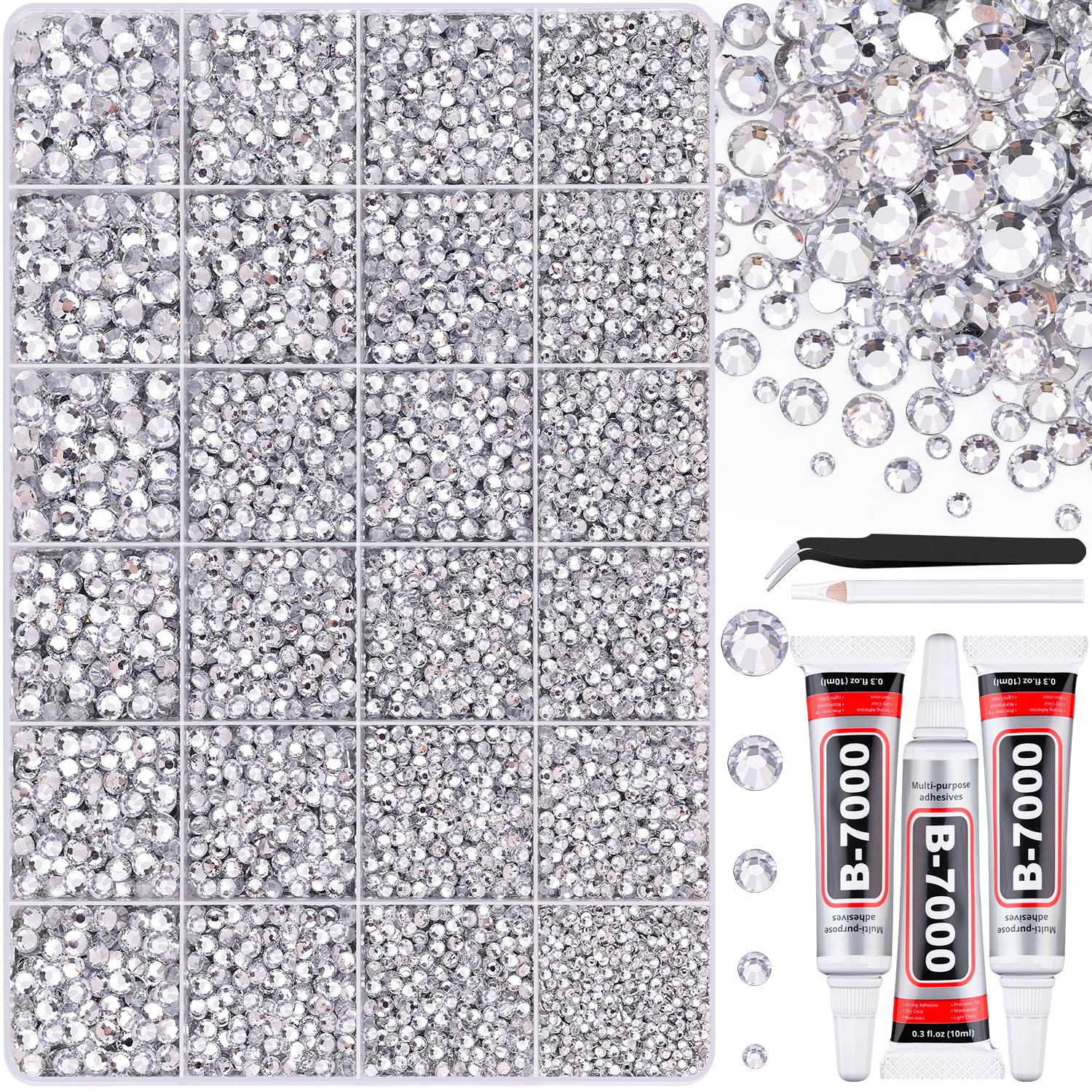 30000Pcs Resin Silver Clear Rhinestones for Bedazzling Crafting with b7000 Jewelry Glue, Bulk Flatback Gems Bedazzler Kit for Crafts Clothes Shoes Fabric Nail Diamond Art, Assorted Size 2/3/4/5/6mm-Velvo Beauty
