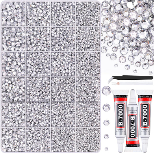 30000Pcs Resin Silver Clear Rhinestones for Bedazzling Crafting with b7000 Jewelry Glue, Bulk Flatback Gems Bedazzler Kit for Crafts Clothes Shoes Fabric Nail Diamond Art, Assorted Size 2/3/4/5/6mm-Velvo Beauty