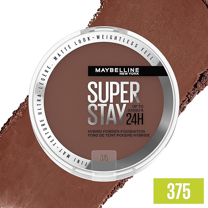 Maybelline Super Stay Up to 24HR Hybrid Powder-Foundation, Medium-to-Full Coverage Makeup, Matte Finish, 375, 1 Count-Velvo Beauty