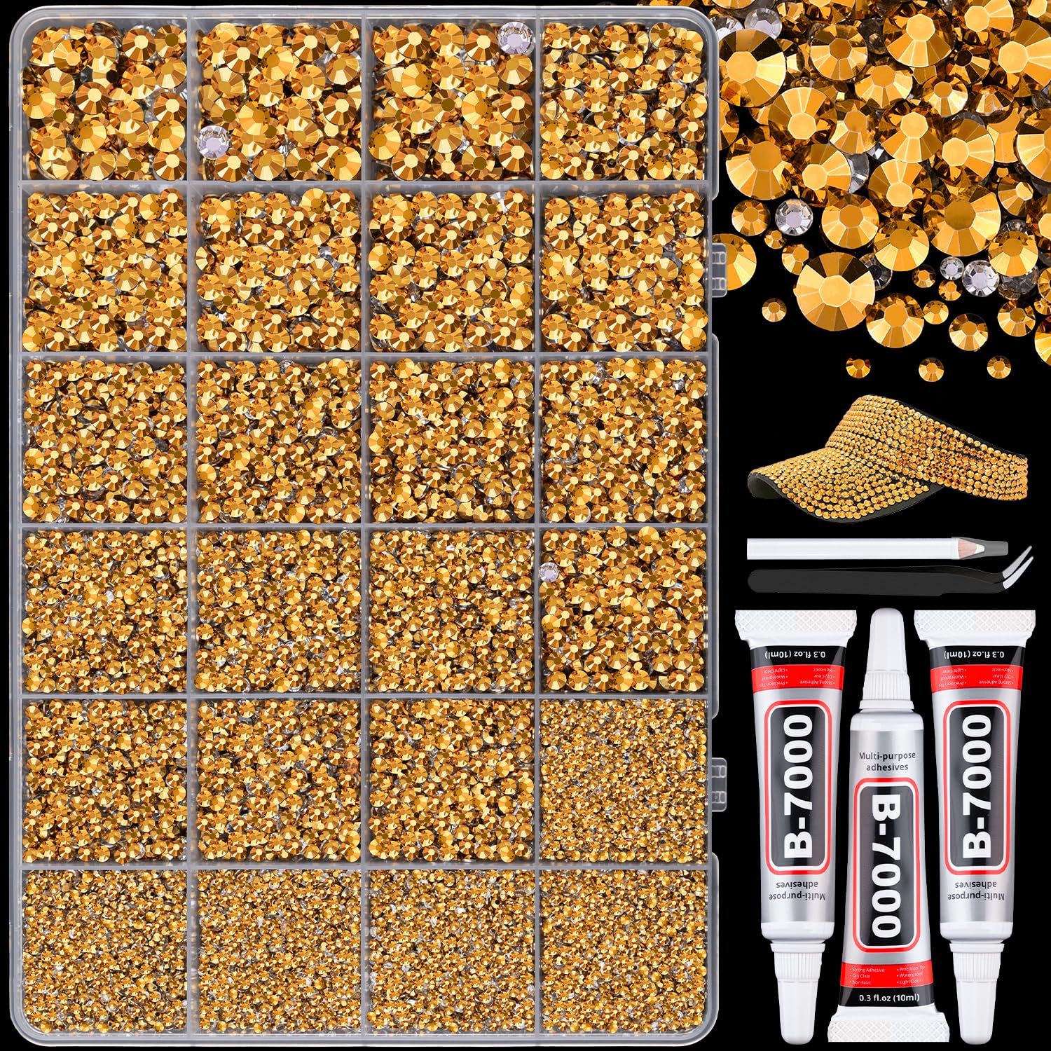 25000Pcs Resin Rhinestones with B7000 Jewelry Glue for Crafting, Copper Gold 2-6mm Non Hotfix Flatback Gems, Bedazzling Crystal for DIY Crafts Clothing Tumblers Mugs Shoes Fabric Nail Art-Velvo Beauty