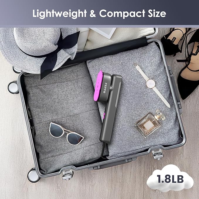 FEPPO Travel Steamer for Clothes, 110-240V Dual Voltage Portable Mini Steamer & Iron 2in1, 1100W Powerful Garment Steamer, Fast Heat Up, Travel Size, HD Display, for Home & Global & Europe Travel-Velvo Beauty