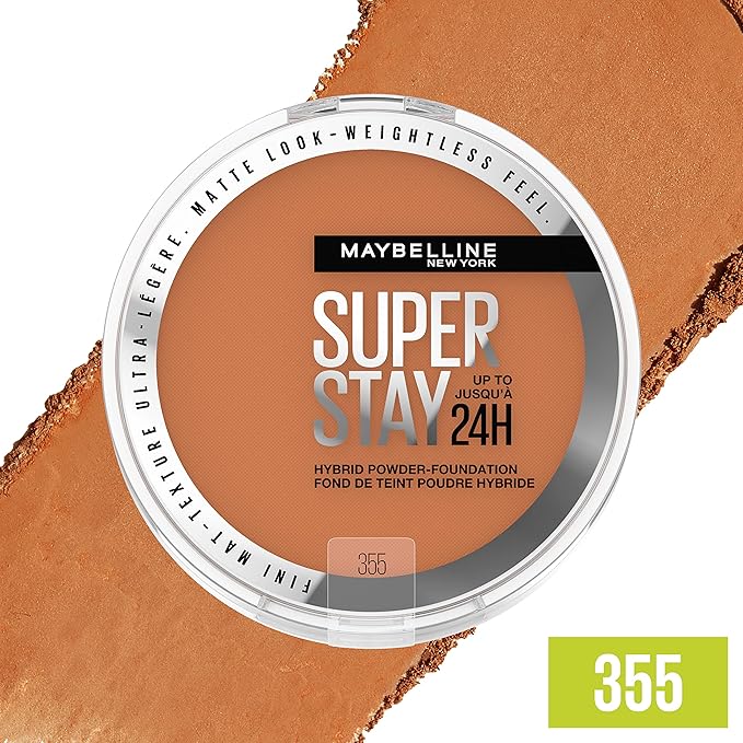 Maybelline Super Stay Up to 24HR Hybrid Powder-Foundation, Medium-to-Full Coverage Makeup, Matte Finish, 355, 1 Count-Velvo Beauty