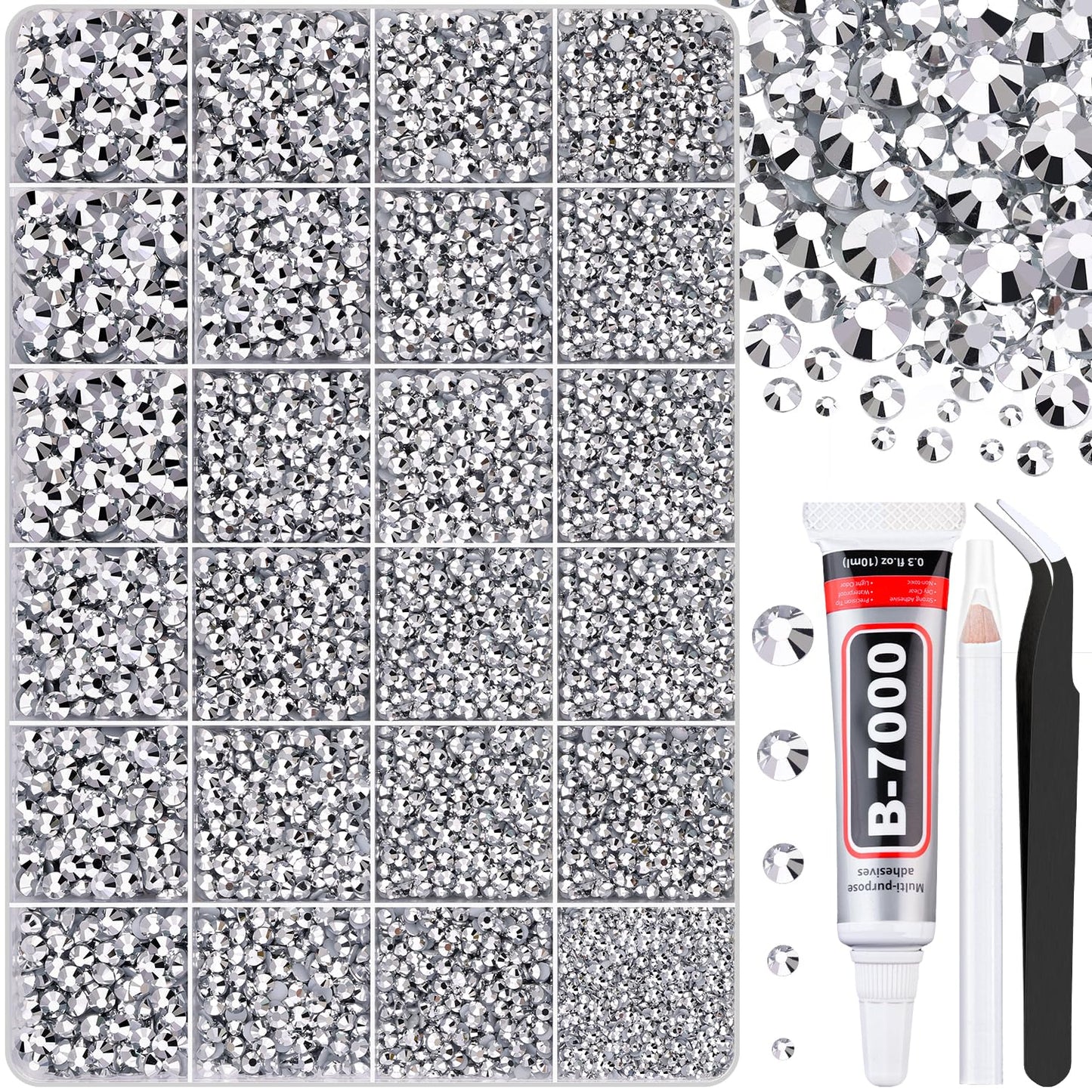 30000Pcs Silver Rhinestones for Bedazzling with B7000 Jewelry Glue, Bedazzler Kit Flatback Gems, Resin Rhinestones for Crafting Crafts Clothing Shoes Fabric Nail Art Assorted Size 2/3/4/5/6mm-Velvo Beauty