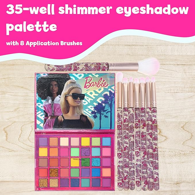 Barbie - Townley Girl 35-Well Eyeshadow Palette, Shimmery and Opaque Colors, Pigmented Blendable, 8 Application Brushes Non-Toxic 8+, Perfect for Parties, Sleepovers & Makeovers-Velvo Beauty
