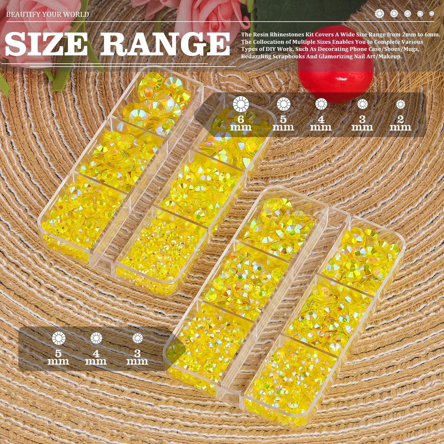 Resin Rhinestones Crafting, 2/3/4/5/6mm Flatback Jelly Rhinestones, 2 Boxes Transparent Lemon Yellow AB Non Hotfix Crystal Gems for Bedazzling Crafts Mugs Tumblers Clothes Makeup Nail-Velvo Beauty