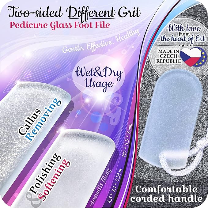 Genuine Czech Glass Foot File by GLADZY - Gentle Callus Remover Foot Rasp, Pedicure & Spa Rough Skin Scrubber, Two-Sided Etched Different Grit Surface, Professional Toenail & Heels Care, Made in EU-Velvo Beauty
