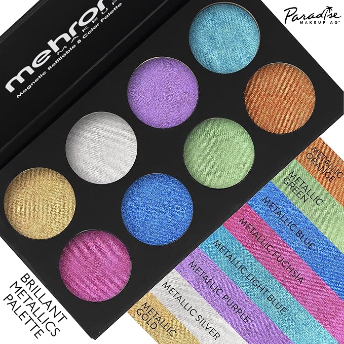Mehron Makeup Paradise Makeup AQ 8 Color Metallic Palette | Magnetic Refillable Body Paint & Face Paint Palette | Professional Water Activated Makeup for Costumes, SFX, Halloween, & Cosplay-Velvo Beauty