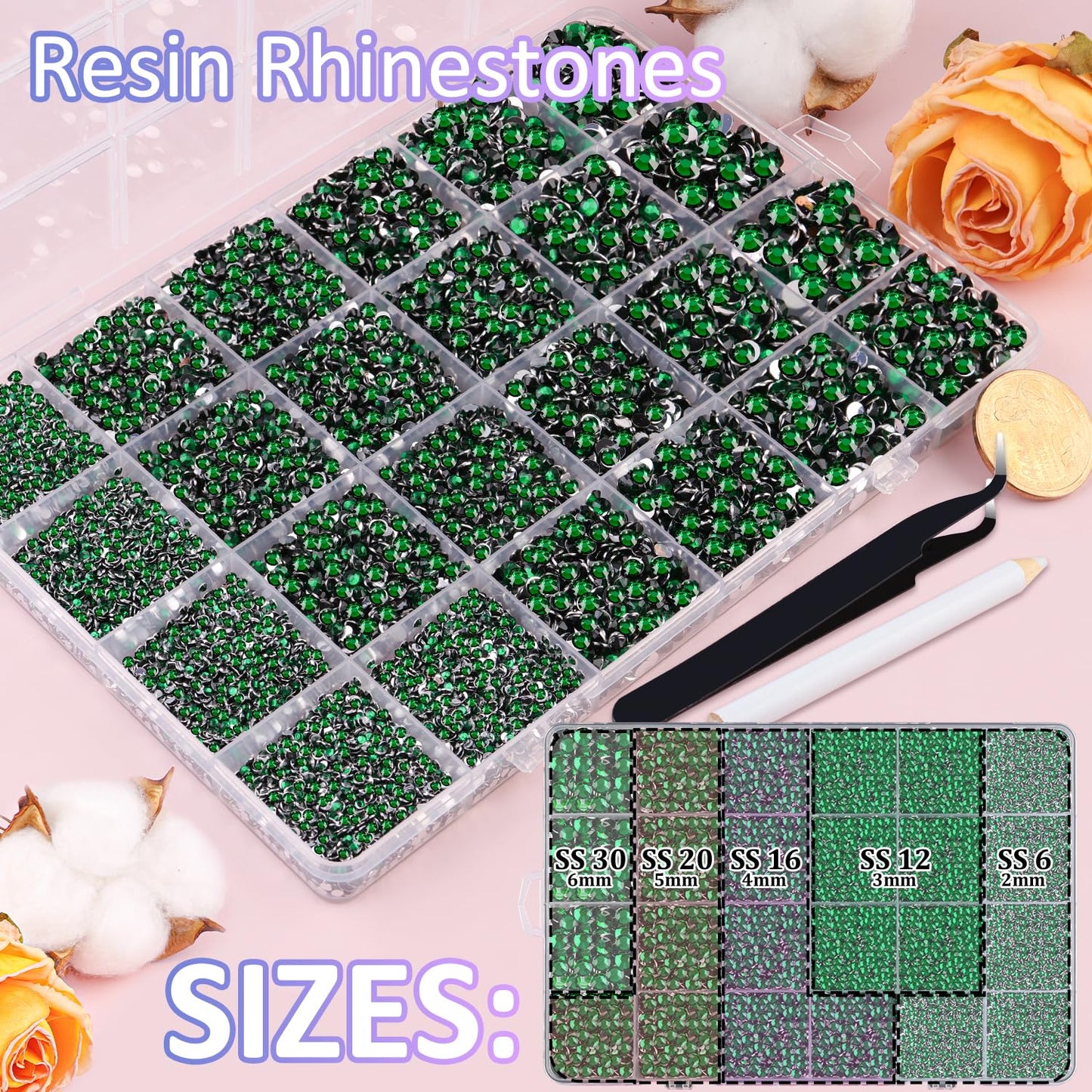 30000Pcs Resin Rhinestones with Tweezers for Crafting, Emerald Green Flatback Gems, Bedazzling Crystal with 3Pcs 10ml B7000 Jewelry Glue for DIY Crafts Clothing Tumblers Shoes Fabric Nail Art-Velvo Beauty