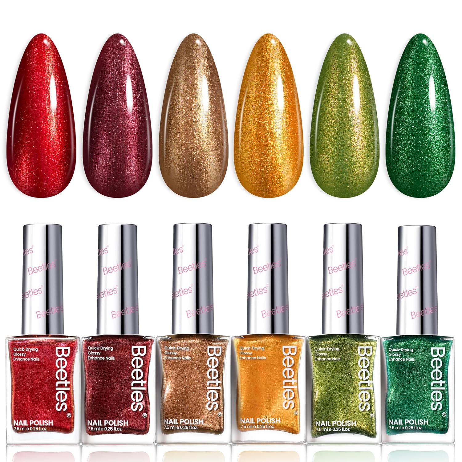 Beetles Fall Nail Polish Set - Glamour Era 6 Colors Quick Dry Glitter Burgundy Red Gold Green Yellow High-Gloss Long-Lasting Nail Polish for DIY At-Home Manicure Gift for Women-Velvo Beauty