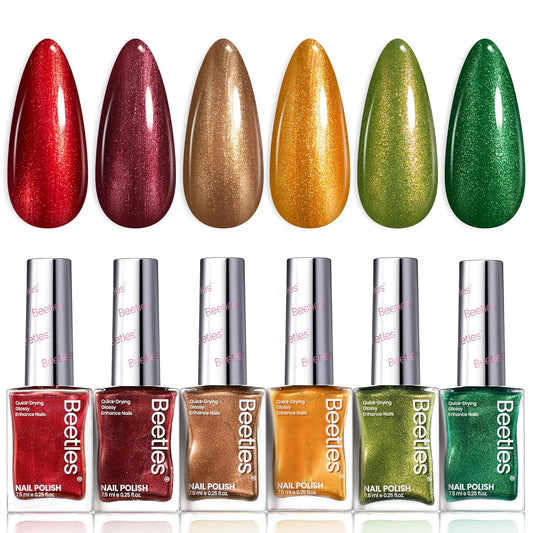 Beetles Fall Nail Polish Set - Glamour Era 6 Colors Quick Dry Glitter Burgundy Red Gold Green Yellow High-Gloss Long-Lasting Nail Polish for DIY At-Home Manicure Gift for Women-Velvo Beauty
