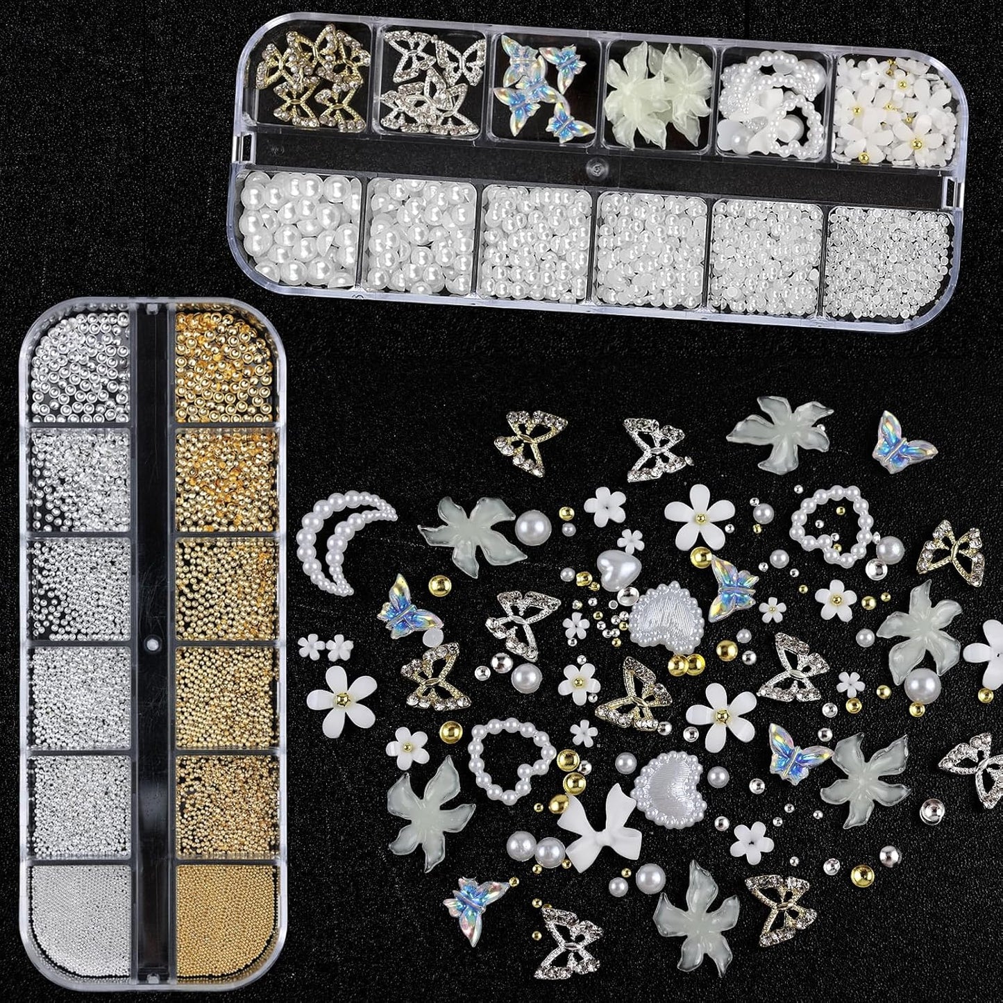 Nail Art Charms with Rhinestones Glue Gel White Flatback Pearls Flower Butterfly Nail Gems Supplies Accessories Gold Silver Nails Decoration Pearls for Women Nails Design-Velvo Beauty