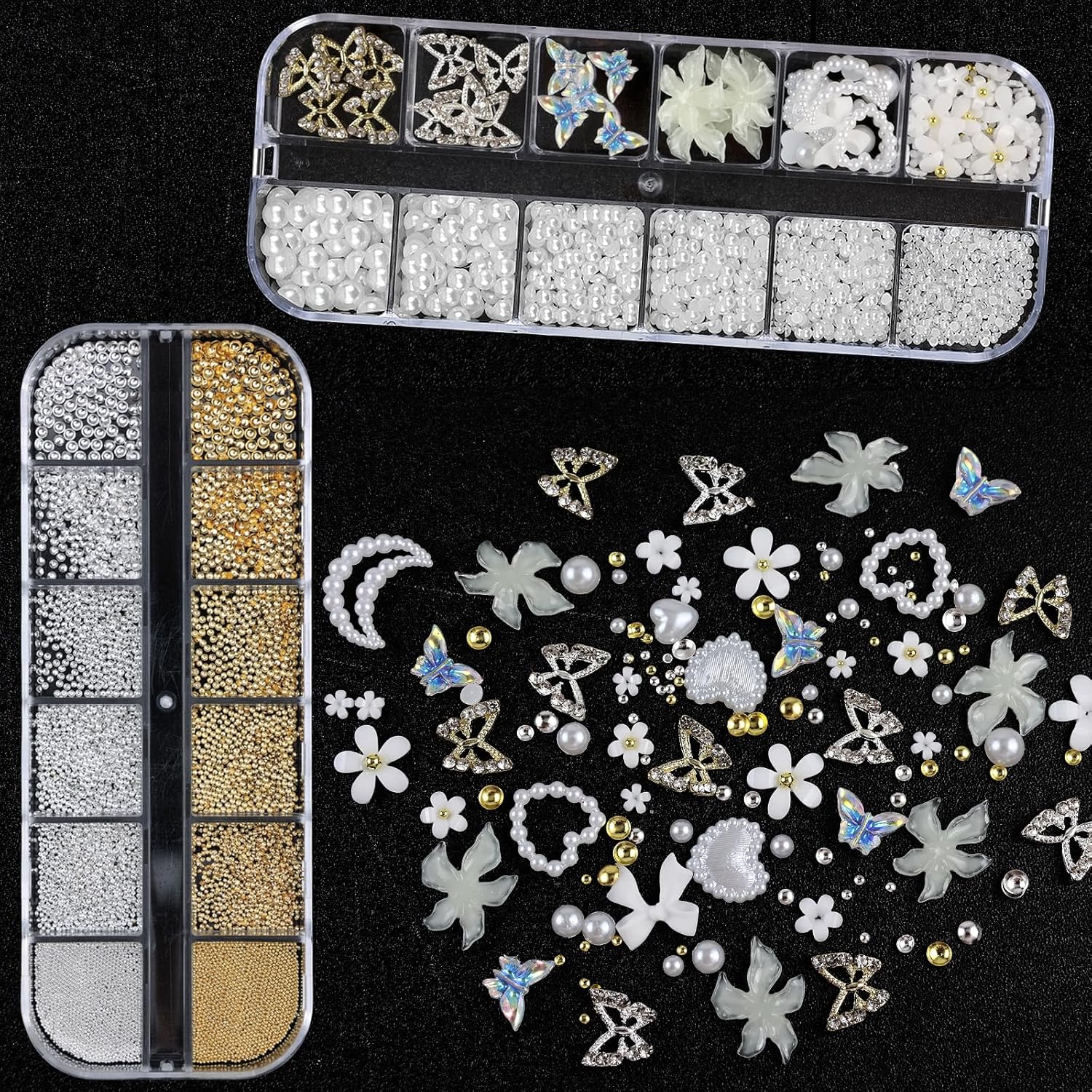 Nail Art Charms with Rhinestones Glue Gel White Flatback Pearls Flower Butterfly Nail Gems Supplies Accessories Gold Silver Nails Decoration Pearls for Women Nails Design-Velvo Beauty