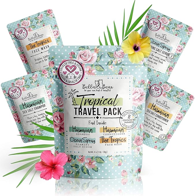 Bella & Bear Tropical Travel Pack, Self Care Kit, Includes Cruelty Free Shampoo, Conditioner, Body Scrub, Face Mask,1oz, Pack of 4-Velvo Beauty