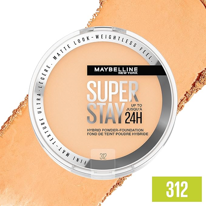 Maybelline Super Stay Up to 24HR Hybrid Powder-Foundation, Medium-to-Full Coverage Makeup, Matte Finish, 312, 1 Count-Velvo Beauty