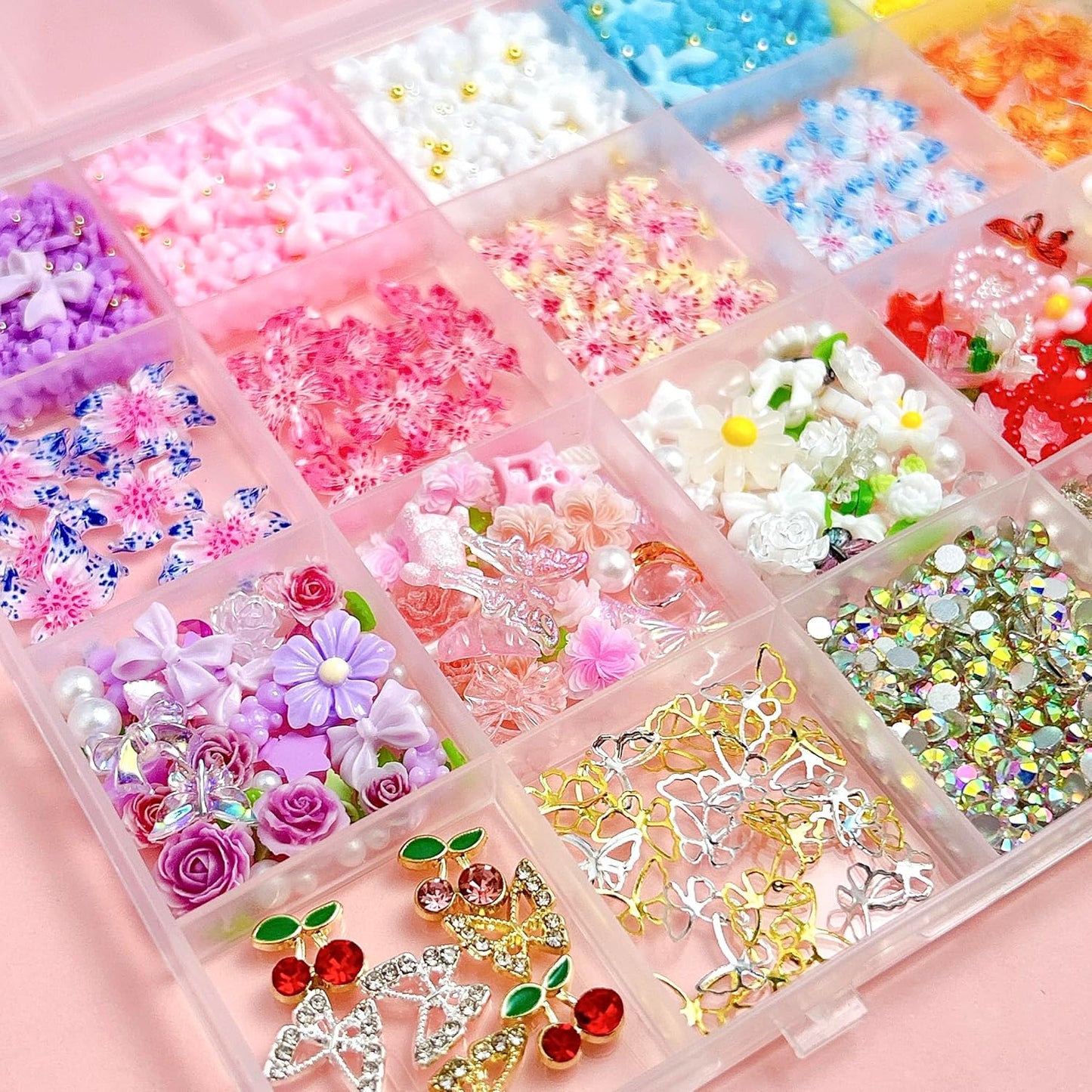 Flower Bow Nail Charms and Gems, 3D Resin Blossom Petals with Caviar Beads Charms for Nails Design，Flatback Pearl Charms Cherry Butterfly Rhinestone Nail Charms for Manicure DIY-Velvo Beauty
