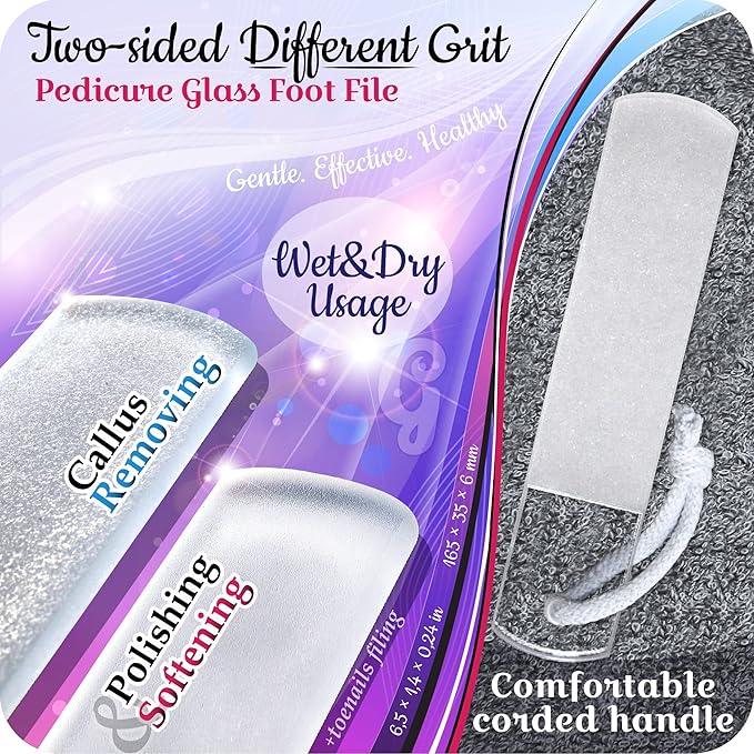 GLADZY Czech Glass Nail File Set - Multifunctional Nail Shiner Buffer, Callus Remover Foot Rasp, Glass Cuticle Pusher Manicure Stick, Etched Surface, Professional Nail Care Tool, Made in EU-Velvo Beauty