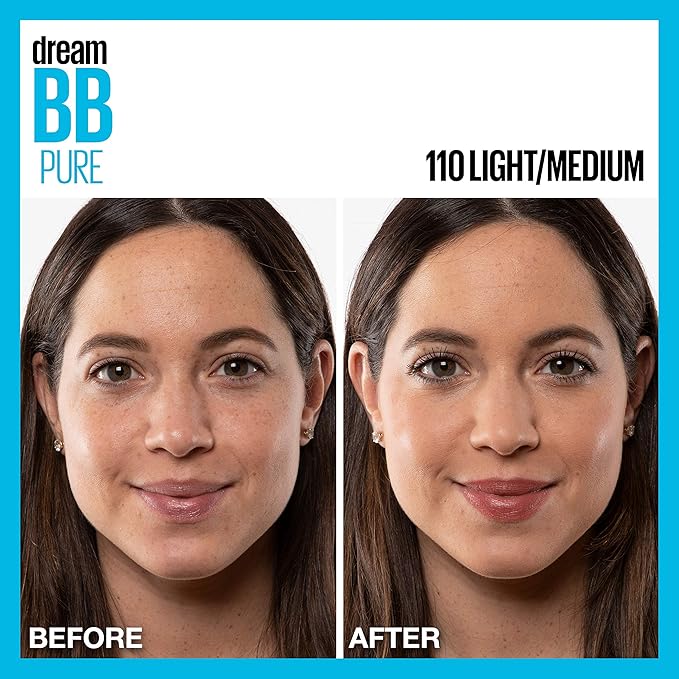 Maybelline Dream Pure Skin Clearing BB Cream, 8-in-1 Skin Perfecting Beauty Balm With 2% Salicylic Acid, Sheer Tint Coverage, Oil-Free, Light/Medium, 1 Count-Velvo Beauty
