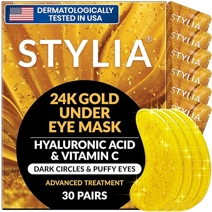 Stylia Under Eye Patches for Dark Circles and Puffy Eyes (30 Pairs) - 24k Gold Under Eye Mask with Vitamin C, Hyaluronic Acid, Pearl Extract - Eye Masks for Dark Circles and Puffiness-Velvo Beauty