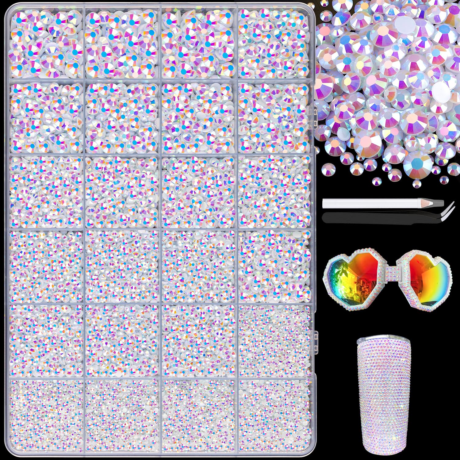 25000Pcs Resin Jelly Rhinestones with Tweezers for Crafting, 2-6mm Mixed Sizes (White AB) Non Hotfix Flatback Gems, Bedazzling Crystal for DIY Crafts Clothing Tumblers Mugs Shoes Decor Nail Art-Velvo Beauty