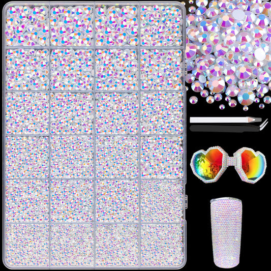 25000Pcs Resin Jelly Rhinestones with Tweezers for Crafting, 2-6mm Mixed Sizes (White AB) Non Hotfix Flatback Gems, Bedazzling Crystal for DIY Crafts Clothing Tumblers Mugs Shoes Decor Nail Art-Velvo Beauty