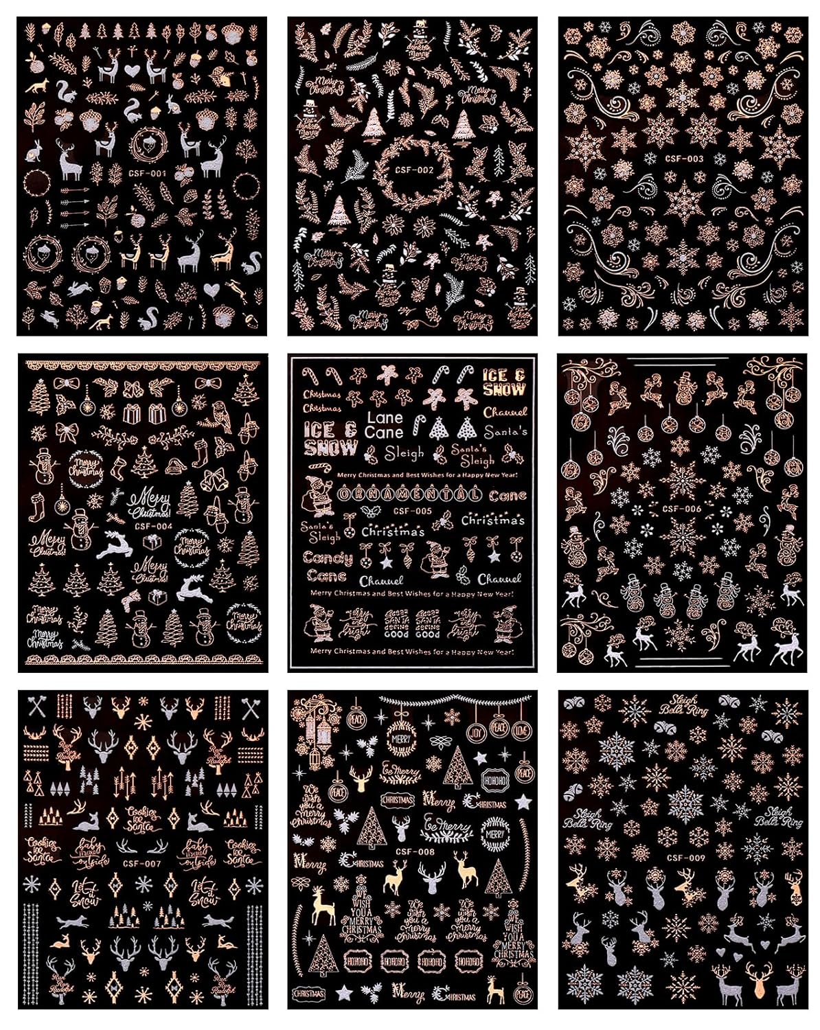 JMEOWIO 9 Sheets Christmas White Glitter Nail Art Stickers Decals Self-Adhesive Snowflake Winter Holiday Rose Gold Nail Supplies Nail Art Design Decoration Accessories-Velvo Beauty