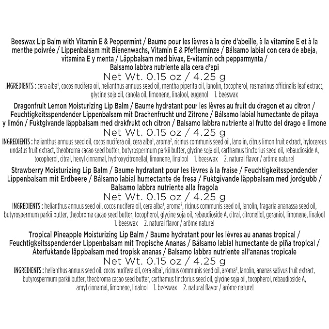 Burt's Bees Gifts Ideas - In Full Bloom Lip Balm Set, Original Beeswax, Dragonfruit Lemon, Tropical Pineapple & Strawberry, Natural Origin Lip Treatment, 4 Tubes, 0.15 oz.-Velvo Beauty