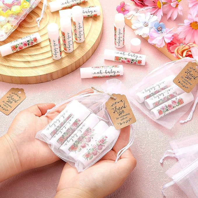 Demissle 50 Pcs Baby Shower Lip Balm Gift Set with 100 Pcs Organza Bags Baby Shower Party Favor for Guest Thank You Tag Rope Baby Shower Party Decoration Gender Reveal Souvenirs(Watercolor Flower)-Velvo Beauty