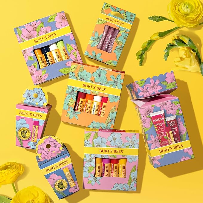 Burt's Bees Gifts Ideas - In Full Bloom Lip Balm Set, Original Beeswax, Dragonfruit Lemon, Tropical Pineapple & Strawberry, Natural Origin Lip Treatment, 4 Tubes, 0.15 oz.-Velvo Beauty