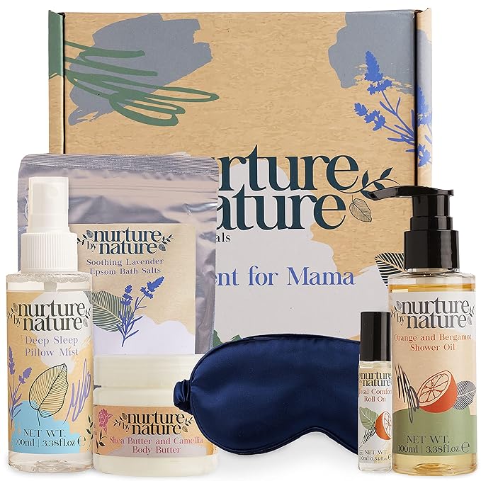 Nurture by Nature's MOMENT FOR MAMA Gift Set, Lavender Pillow Mist, Spa Gift Baskets for Women, 6 Pcs Per Bath Set, Mom Spa Gift Set, Relaxation Kit, Body butter, Shower Oil, Essential Oil Roll on-Velvo Beauty