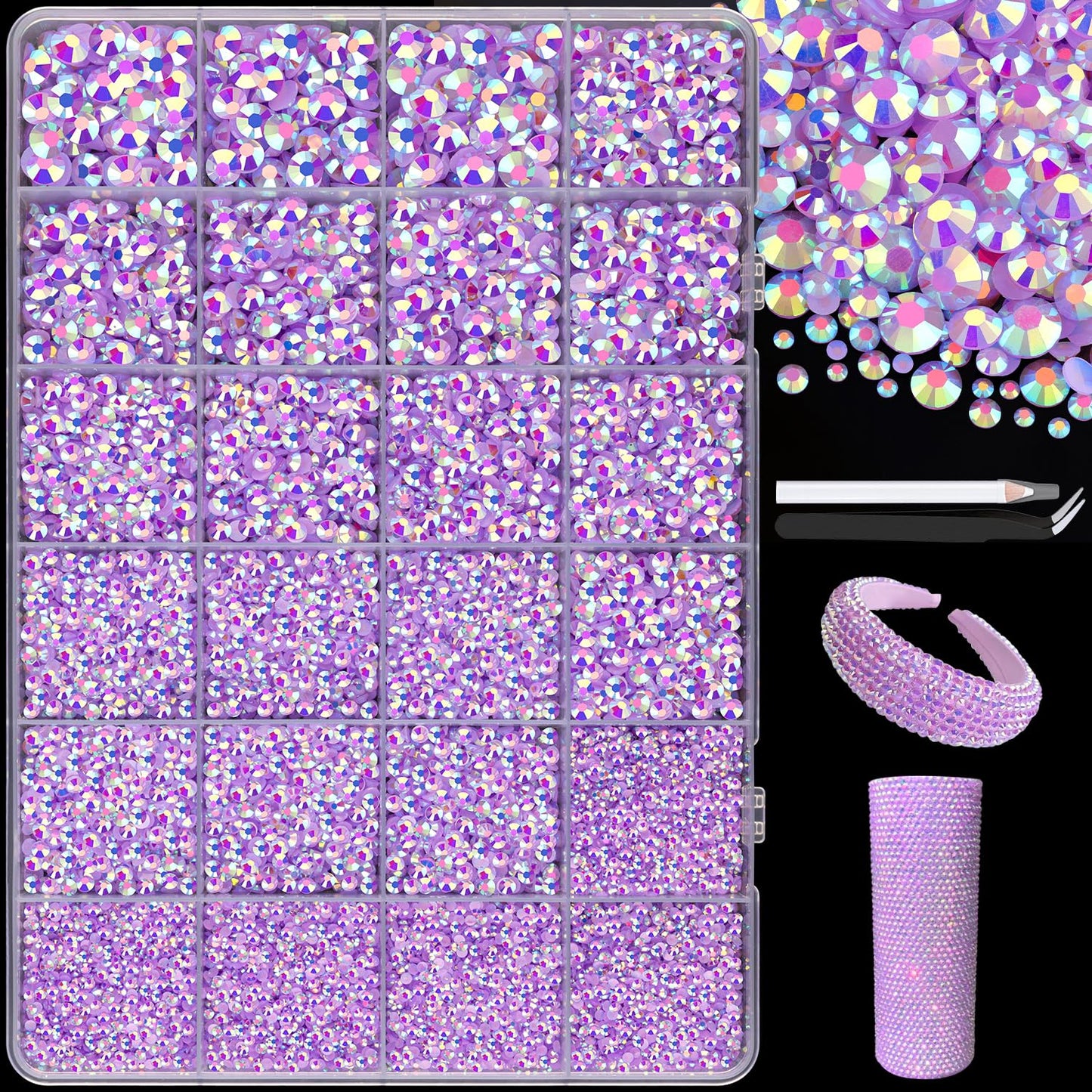 25000Pcs Resin Jelly Rhinestones with Tweezers for Crafting, 2-6mm Mixed Sizes (Lavender Purple AB) Non Hotfix Flatback Gems, Bedazzling Crystal for DIY Crafts Clothing Tumblers Shoes Decor Nail Art-Velvo Beauty