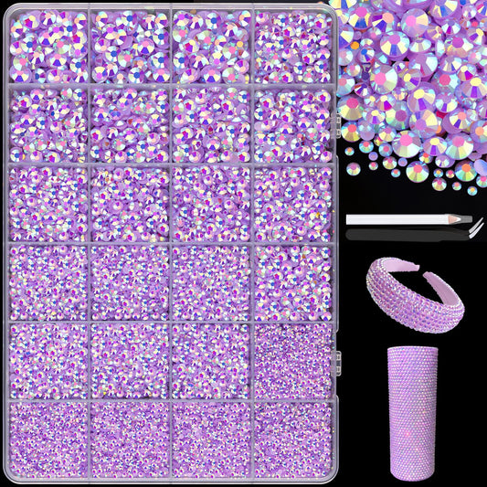 25000Pcs Resin Jelly Rhinestones with Tweezers for Crafting, 2-6mm Mixed Sizes (Lavender Purple AB) Non Hotfix Flatback Gems, Bedazzling Crystal for DIY Crafts Clothing Tumblers Shoes Decor Nail Art-Velvo Beauty