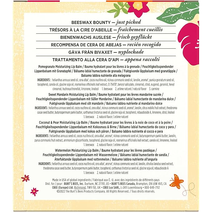 Burt's Bees Gifts, 4 Lip Balm Products, Just Picked Set - Pomegranate, Sweet Mandarin, Coconut Pear & Watermelon (4 Pack)-Velvo Beauty