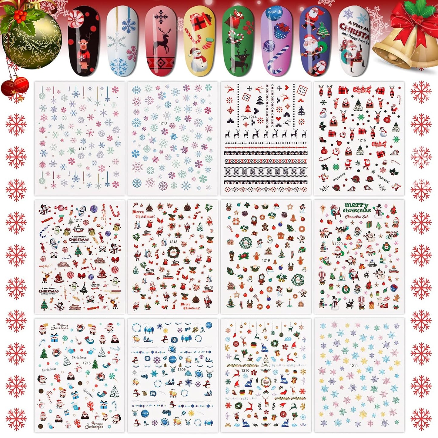 1000+ Patterns Christmas Nail Art Stickers Snowflake 3D Self-Adhesive Nail Decals, Kalolary Snowflake Santa Claus Snowman Christmas Stick Elk for Christams Nail Decorations for Women Kids-Velvo Beauty