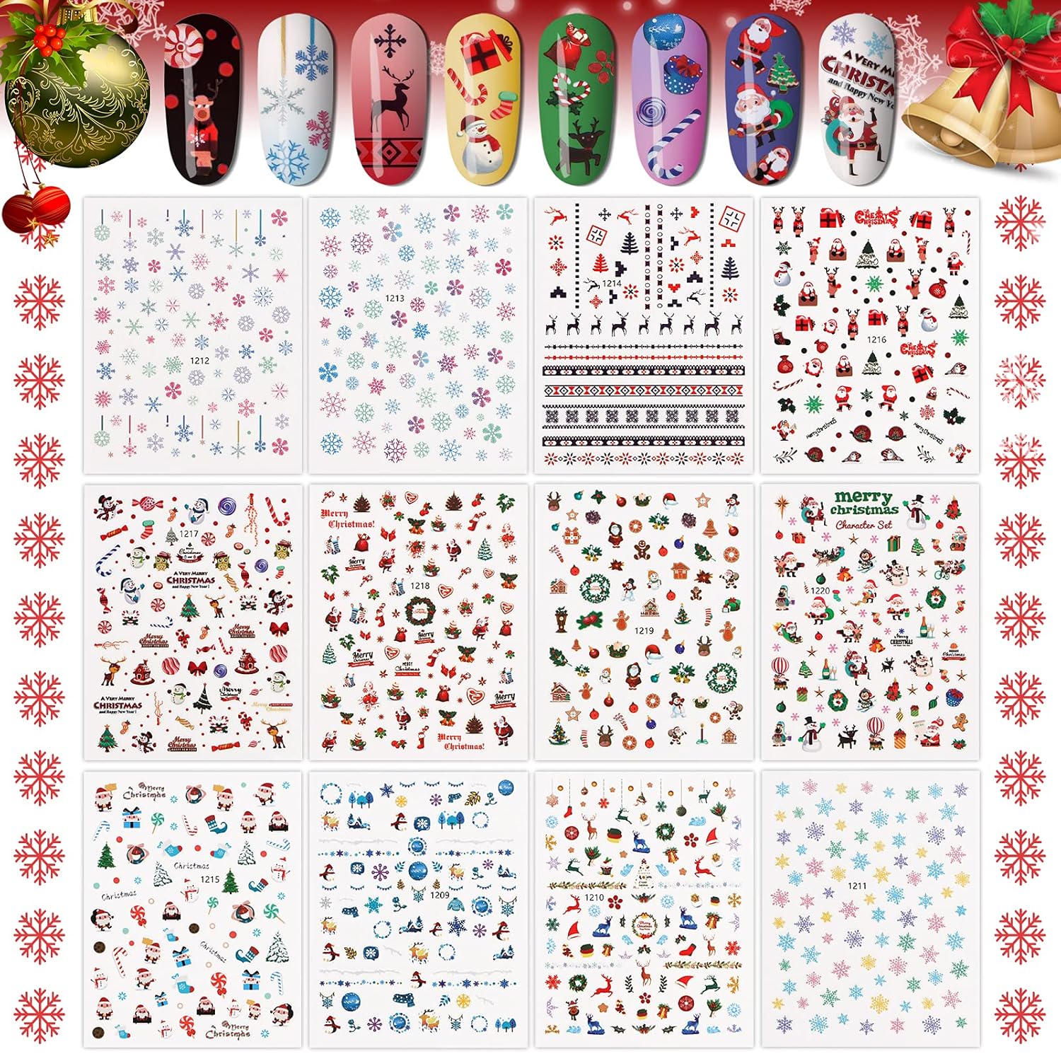 1000+ Patterns Christmas Nail Art Stickers Snowflake 3D Self-Adhesive Nail Decals, Kalolary Snowflake Santa Claus Snowman Christmas Stick Elk for Christams Nail Decorations for Women Kids-Velvo Beauty