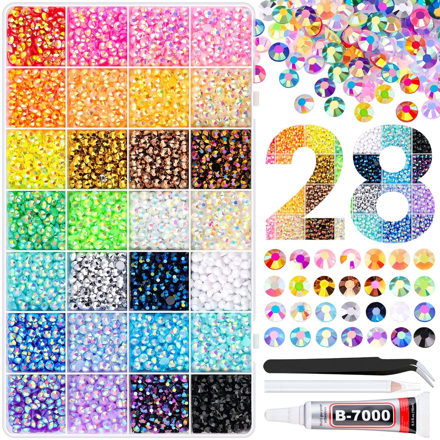 8500Pcs Resin Rhinestones with Tweezers for Crafting, Mixed-Color 5mm Bedazzling Crystal with 1Pcs 10ml B7000 Jewelry Glue for DIY Crafts Clothing Tumblers Shoes Fabric Nail Art-Velvo Beauty