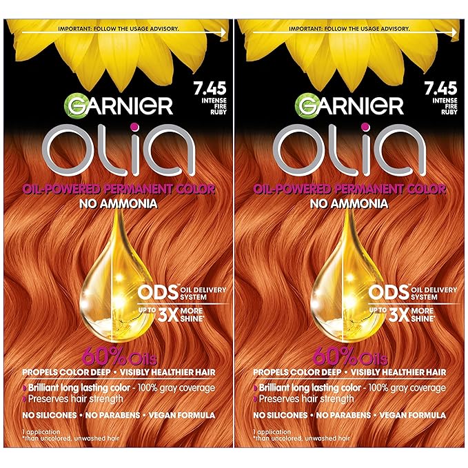 Garnier Hair Color Olia Ammonia-Free Brilliant Color Oil-Rich Permanent Hair Dye, 7.45 Dark Fire Ruby, 2 Count (Packaging May Vary)-Velvo Beauty
