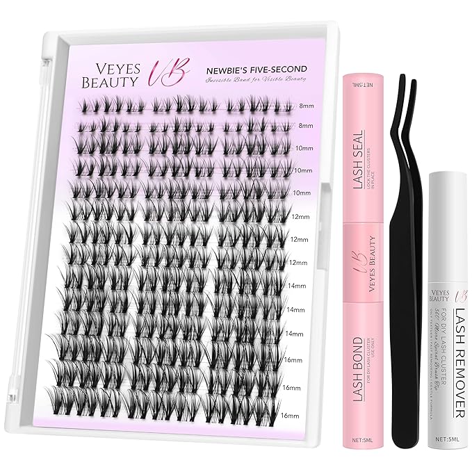 VEYESBEAUTY Lash Clusters Kit Eyelash Extensions Thin & Invisible Band DIY Individual False Eyelashes Newbie's Five-Second Series Lash Tray for Self-application, Whisper Lash 8-16mm Mixed Length-Velvo Beauty